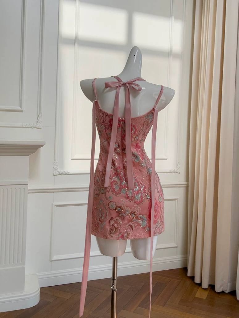 Pink Sequin Halter Backless Mini Dress – Elegant Slim Fit Design