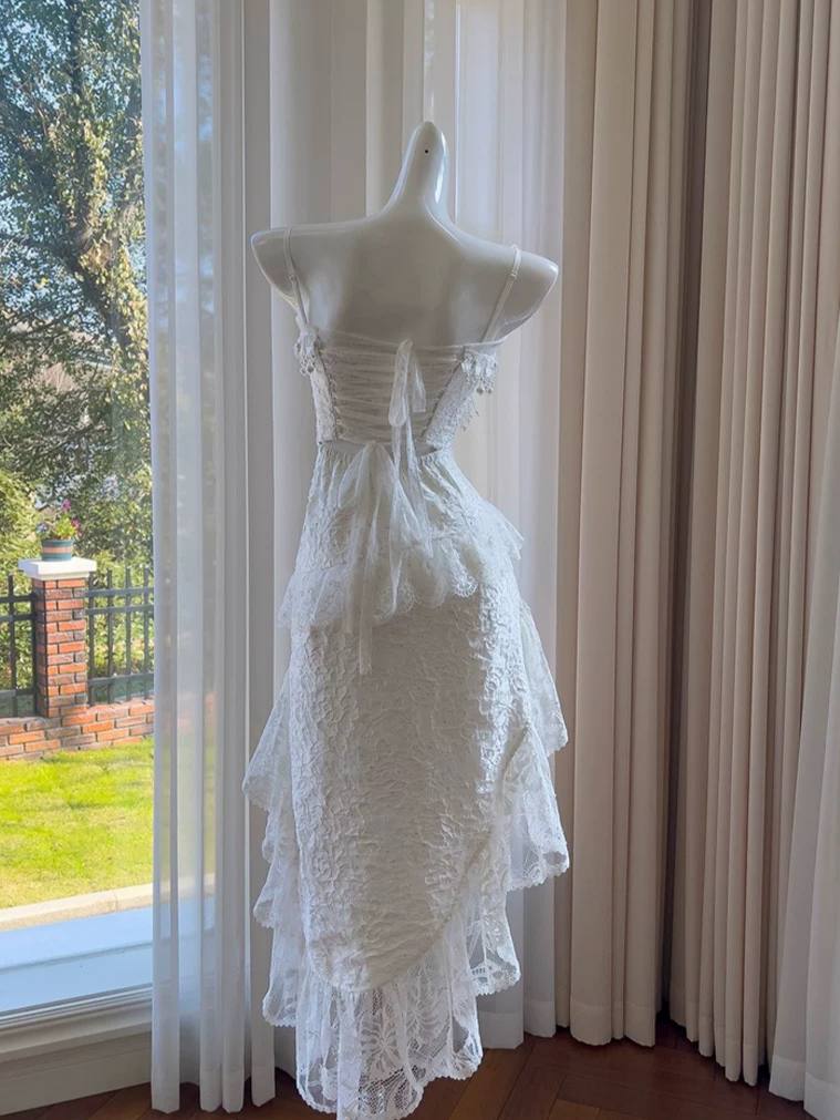White Lace Strapless Maxi Dress with Tassel Detail – Soft Textured Summer Style