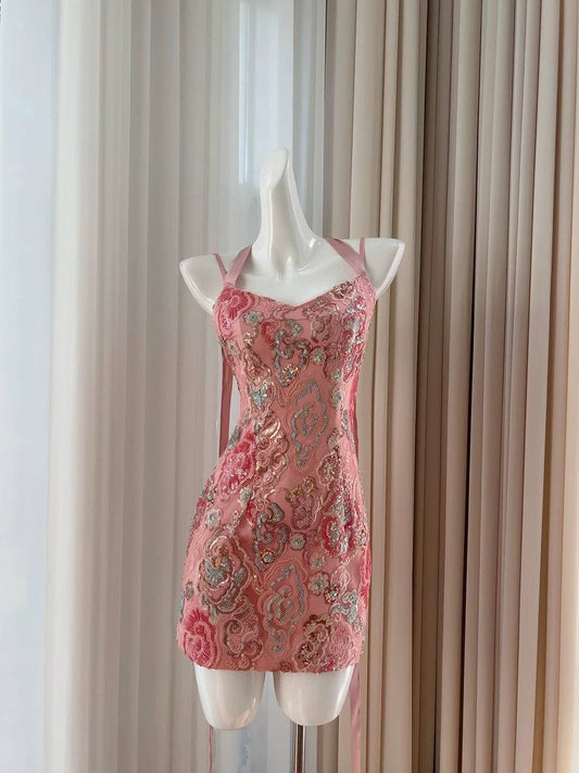 Pink Sequin Halter Backless Mini Dress – Elegant Slim Fit Design