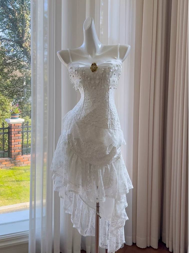 White Lace Strapless Maxi Dress with Tassel Detail – Soft Textured Summer Style