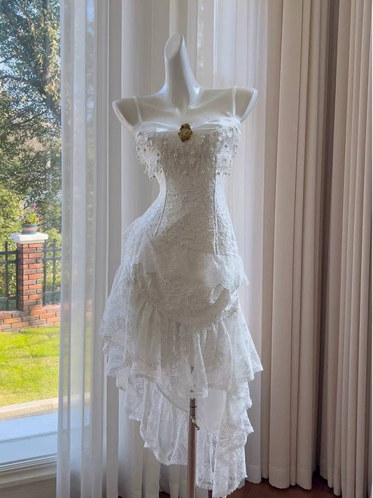 White Lace Strapless Maxi Dress with Tassel Detail – Soft Textured Summer Style