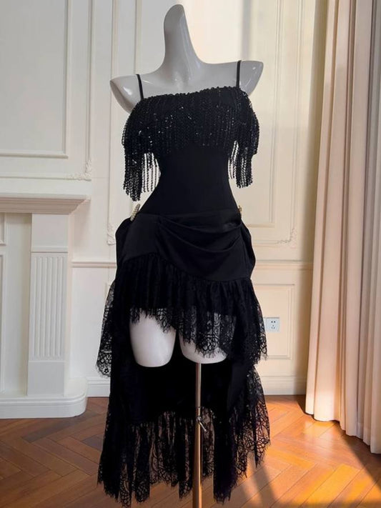 Black Strapless Fringe Midi Dress – Lace Panel & Asymmetrical Hem