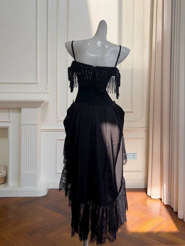 Black Strapless Fringe Midi Dress – Lace Panel & Asymmetrical Hem